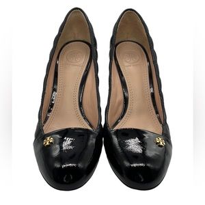 Tory Burch CLAREMONT Quilted BLACK Leather WEDGE Pump Heels